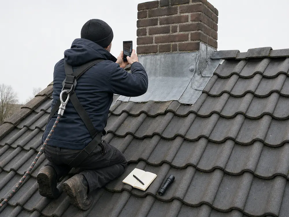 Dakdekker fotografeert het loodwerk tijdens een dakinspectie