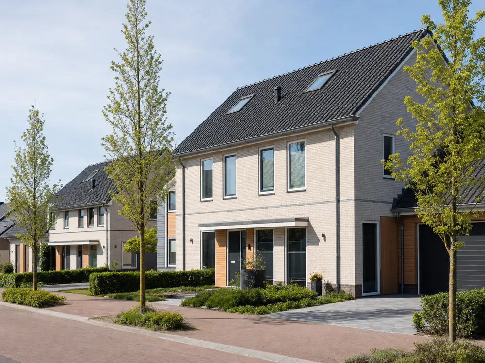Recente nieuwbouwwoningen met strakke pannendaken en dakramen